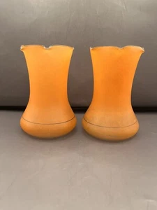 Two Stunning Paper-thin Frosted Orange Czech Art Glass in Flower-Shaped Vases - Picture 1 of 7