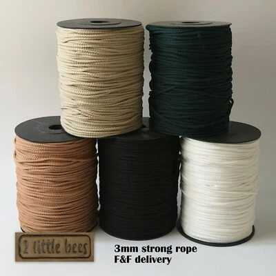 3mm Drawstring Rope Cord String Cream White Black Macrame Tying Crochet Craft