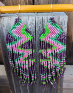 Pendientes de flecos con cuentas hechos a mano nativos americanos puntadas de ladrillo cuentas de semillas originales - Imagen 1 de 5