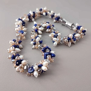 5x7mm Freshwater  White Rice Pearl Lapis Crystal Beaded Necklace Women - Picture 1 of 8