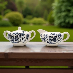 Blue Onion Creamer & Sugar Bowl Set Japan Earthenware Innerband Floral 1950 60's - Picture 1 of 5