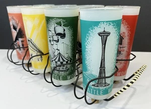 MCM 1962 Seattle World's Fair Drinking Glass Tumbler Set of 8 Caddy Space Needle - Picture 1 of 20