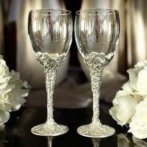 Copas de vino de boda de peltre plateado ornamentadas cristal vajilla gaviota Canadá 2 dos - Imagen 1 de 11