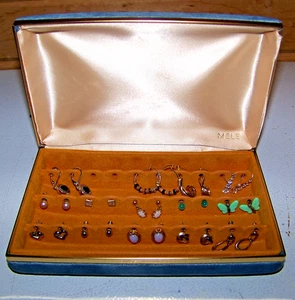 Vintage MELE Travel Jewelry Box Lined Hard Clamshell & 14 Pair Pierced Earrings - Bild 1 von 6
