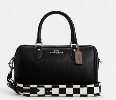NWT COACH Women’s Rowan Satchel In Leather Black With Checkerboard Strap  CP109 - Image 1 of 4