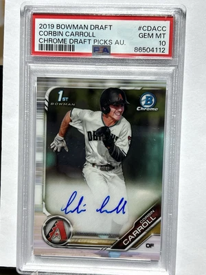 CORBIN CARROLL 2019 BOWMAN DRAFT  1ST BOWMAN CHROME ON CARD RC AUTO PSA GEM 10 - Image 1 of 3