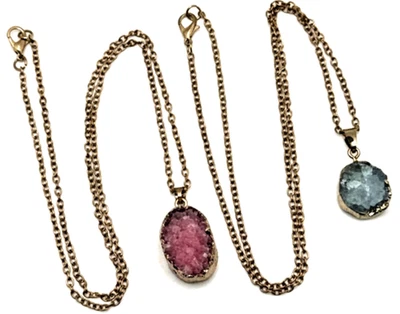 Lot of 2 Druzy Crystal Pendant Necklaces Pink & Blue Quartz Stone Statement 20" - Image 1 of 4