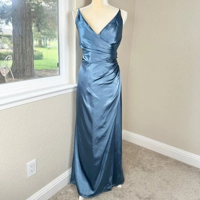 NWT Galina Signature Formal Dress 14 Blue Satin Long Faux Wrap Ruched Elegant - Image 1 of 4
