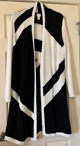 Chico's Women’s Blocked Cardigan Long Duster Open Knit Sz 2 M L Black White - Picture 1 of 4