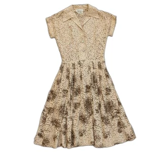 Vintage 50s Rosemont Lace Tea Dress, Cappuccino Lace w/Chrysanthemums, Sz 00 / 0 - Picture 1 of 15