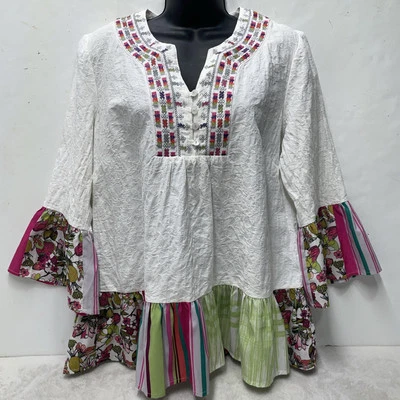 Top Boho M Mezcla de Lino Bordado Hippie Festival Artístico con Volantes Sharon Young Foto 1 de 4