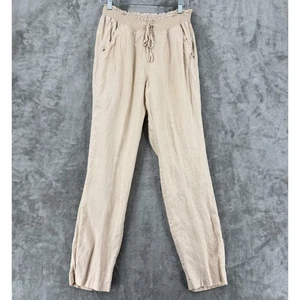 Guess Pants Womens Medium Linen Smocked Waist Minimalist Casual Lounge Beach Tan - Picture 1 of 11