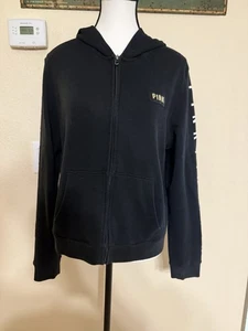 Victoria’s Secret PINK Womens Full Zip Jacket Black Logo Jacket Large Spell out - Picture 1 of 7