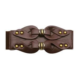 Women Brown Wide Elastic Fashion Belt Hip Waist Antique Gold Metal Studs Fit S M - Picture 1 of 16