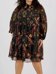 Robbie Bee Women's Black Floral Printed Long-Sleeve Swing Dress Plus Size 2X - Picture 1 of 2