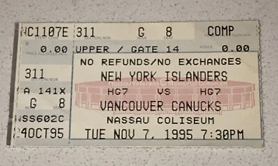 Islanders Canucks Nassau Coliseum Usado NHL Boleto Talón Pavel Bure Gol 11/7/1995 Foto 1 de 2