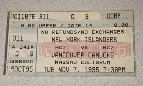 11/7/95 Islanders Canucks Nassau Coliseum Used NHL Ticket Stub Pavel Bure Goal Cover
