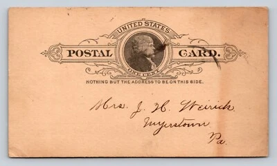 1886 UX9 US Postal Card 1c Myerstown PA Msg 'Almost Financially Embarrassed' - Image 1 of 3