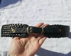 Ann Taylor LOFT size M ? 33" Womens 2" Wide Genuine Leather Braided BLACK Brass - Picture 1 of 7