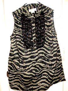Michael Kors Ladies P-M Zebra Print Beaded 1/4 Button Sleeveless Blouse. - Picture 1 of 3