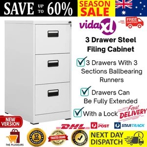 3 Drawer Steel Filing Cabinet Office Lockable File Stationary Storage Organiser - Picture 1 of 13