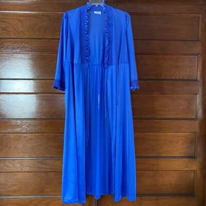 Vintage JC Penney M Medium Blue Satin Silky Maxi Robe Pocket Nylon Ruffle Flaws - Picture 1 of 13