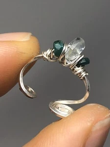 Fine Silver Handcrafted Ear Cuffs Genuine Aquamarine + Emerald E3 - Picture 1 of 5