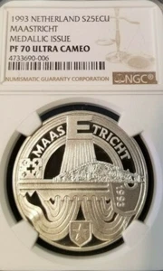 1993 NETHERLANDS SILVER 25 ECU MAASTRICHT NGC PF 70 ULTRA CAMEO RARE PERFECTION - Picture 1 of 3