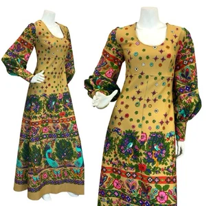 Vintage 60er 70er Jahre Psychedelic Paisley Pfau Boho Maxikleid hellbraun grün rot blau 8 10 - Bild 1 von 12