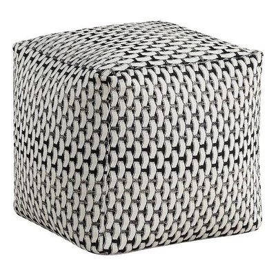 Modern Pouf Ottoman- Black White Basket Woven Jacquard- 16 Inch Square - Image 1 of 4