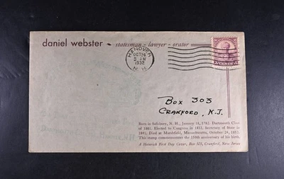 Oct 24 1932 FDC USA Scott # 725-13 Heinrich Cachet VF Cover Daniel Webster - Image 1 of 2