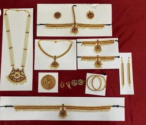 Neu Bharatanatyam/Kuchipudi Tempel Schmuck Set-grün/rote Kemp Steine (13 Artikel) - Bild 1 von 4