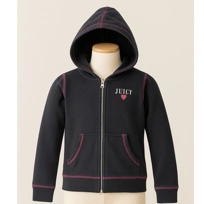 Y2K Juicy Couture Kids Hoodie Size 6 Black Zip Up Crown Logo Pink Trim 2000s - Image 1 of 4