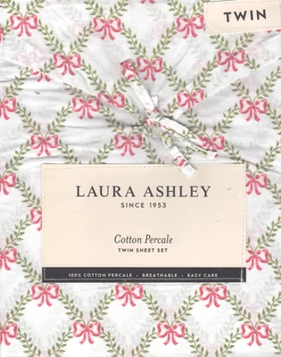 Laura Ashley Twin Sheet Set Bow Trellis Green 4pc Farmhouse Cottage Holiday Red - Image 1 of 4