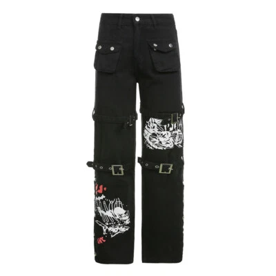 Buckle Gothic Dark Cargo Pants Harajuku High Waist Punk Style Skull Print Black - Image 1 of 4
