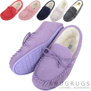 SNUGRUGS Ladies / Womens Luxury Lambswool Suede Moccasin / Slipper Rubber Sole - Picture 1 of 7