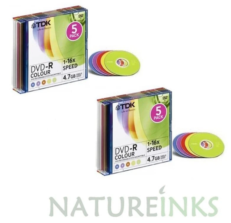 10 TDK DVD-R Colour Blank DVD Discs 16x 4.7GB 120 mins Jewel Coloured Case - Image 1 of 1