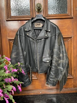 Vtg 80s Schott Perfecto Fringe Leather Jacket Sz 50 - Image 1 of 4