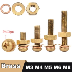 Brass Phillips Pan Head Machine Screws Bolts With Washers Hexagon Nuts Set M3~M8 - Picture 1 of 61
