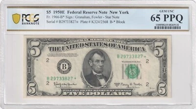 1950 $5 Star Note PCGS GEM UNC 65 PPQ. Scarce Low Pop Note-FR 1966-B * - Image 1 of 2