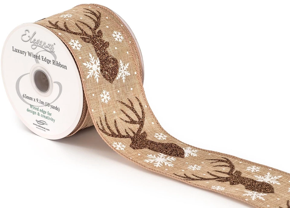 1m, 3m or 9m ~ 63mm Wired Edge Christmas Stag Bronze Glitter, Christmas Ribbon - Image 1 of 1