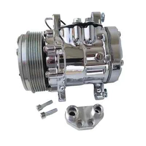 Chrome Mini Sanden SD7 7176 Style AC Compressor R134 Serpentine With Manifold - Picture 1 of 10