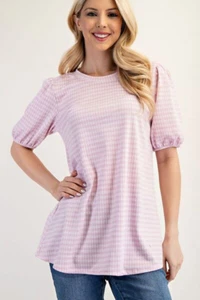 Celeste Full Size Gingham Print Top with Puff Sleeves plus Size - Picture 1 of 18