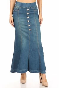 Women's Juniors/Plus Size Elastic Waist Mermaid Shape Stretch Denim Long Skirt - Picture 1 of 15