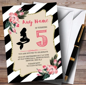 Black & White Floral Mermaid Childrens Birthday Party Invitations - Picture 1 of 1