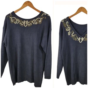 Vintage 80/90s Beaded Pearl Sweater Size Medium Metallic Granny Evening Black - Picture 1 of 6