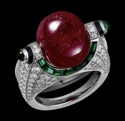 Cabochon Cut Lab Burma Ruby & Emerald Unique Ring 925 Silver Cocktail High Jewel - Image 1 of 4