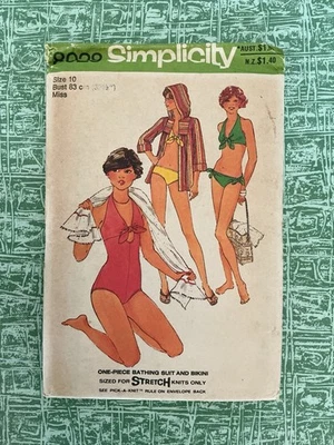 Vtg 1977 Simplicity Pattern Bathing Suit + Bikini #8028 Size 10 Miss Uncut  - Image 1 of 4
