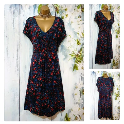 JOE BROWNS Navy Red Floral Stretch Midi Dress Size 28 PLUS SIZE V-Neck - Image 1 of 4