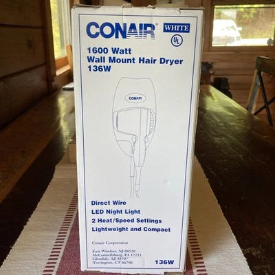Wall Mount Hair Dryer hotel Conair 1600W with Nightlight White NEW - Image 1 of 2